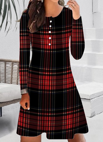 

Women's Plaid Casual Regular Fit Crew Neck Dress, Red, Dresses