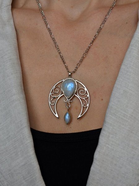 

Silver Natural Opal Moonstone Cutout Necklace Ethnic Vintage Jewelry, Necklaces