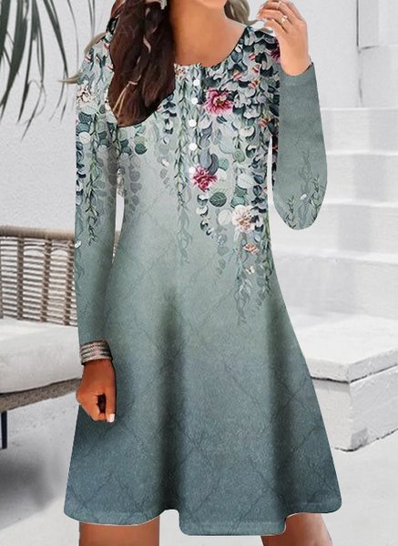 

Women‘s Flower Casual Crew Neck Geometric Regular Fit Dress, Green, Dresses