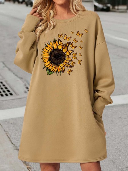 

Women's Sunflower Butterfly Print Casual Dress, Beige, Dresses