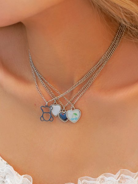 

4pcs Boho Heart Pattern Multilayer Necklace Set Daily Beach Vacation Jewelry, Silver, Necklaces