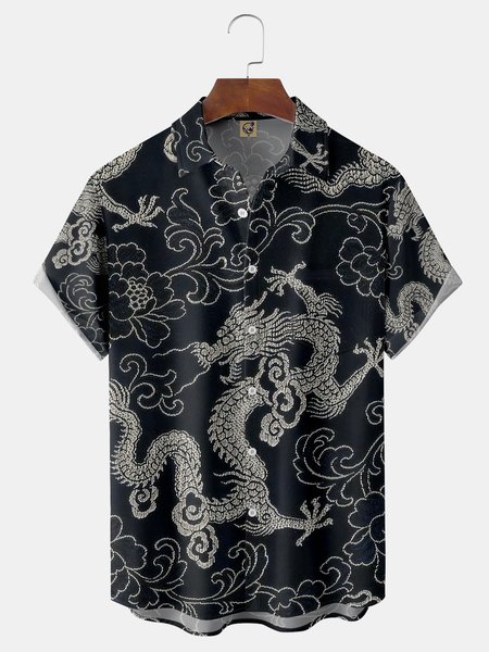 

Ukiyo-e Dragon Chest Pocket Short Sleeve Shirt, Black, Men Shirts