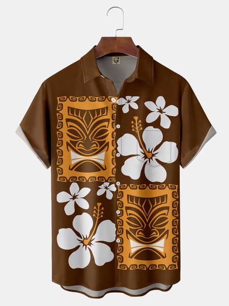 

Tiki Chest Pocket Short Sleeve Hawaiian Shirt, Coffee, Men Shirts