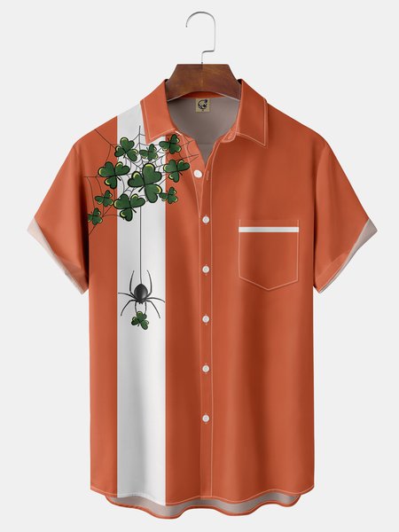

Clover Chest Pocket Short Sleeve Bowling Shirt, Orange, Men Shirts