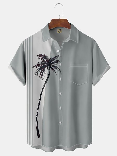 

Coconut Tree Chest Pocket Short Sleeve Bowling Shirt, Gray, Men Shirts