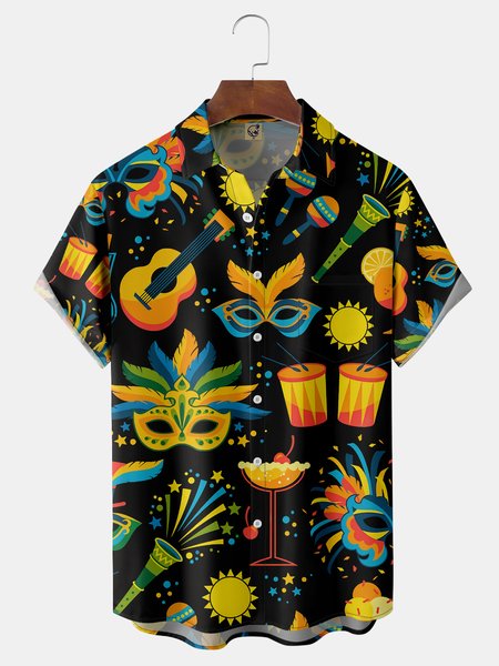 

Mardi Gras Chest Pocket Short Sleeve Casual Shirt, Black, Men Shirts