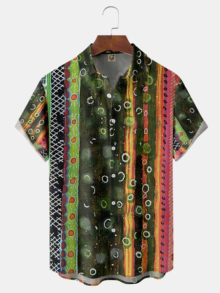 

Abstract lines Chest Pockets Short Sleeve Casual Shirts, Green, Men Shirts