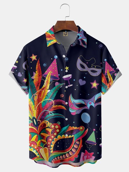 

Mardi Gras Chest Pocket Short Sleeve Casual Shirt, Purple, Men Shirts