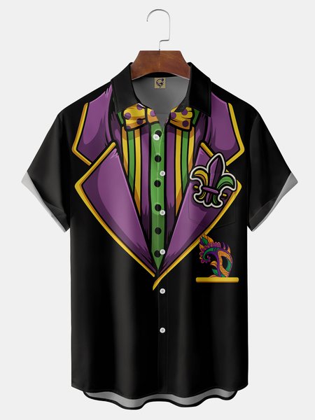 

Mardi Gras Chest Pocket Short Sleeve Casual Shirt, Black, Men Shirts