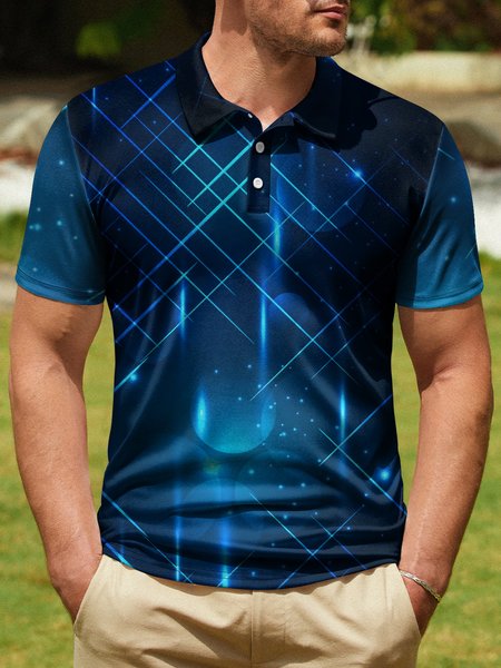 

3D Gradient Abstract Geometric Button Short Sleeve Polo Shirt, Lake blue, Polo Shirts