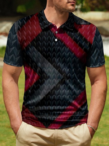 

3D Geometric Gradient Button Short Sleeve Polo Shirt, Black, Polo Shirts