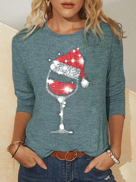 

Merry Christmas wine glass Loosen Casual Shirt & Top, Green, Long sleeves