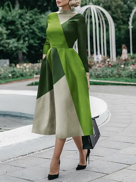 

Regular Fit Half Turtleneck Elegant Geometric Dress, Green, Midi Dresses