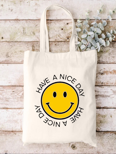 Have A Nice Day Smile Face Graphic Casual Shopping Tote Bag, White, Bags