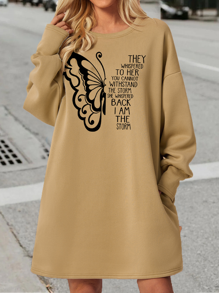 

Women's Butterfly Whispered Letter Print Crew Neck Casual Dress, Beige, Dresses
