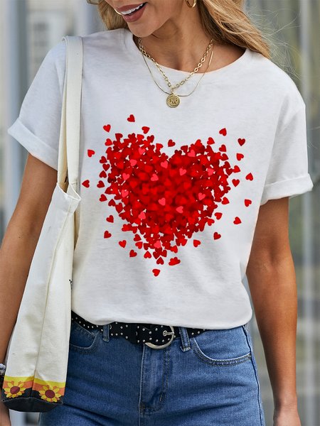 

Women's Simple Heart Valentine's Day Cotton Crew Neck T-Shirt, White, T-shirts