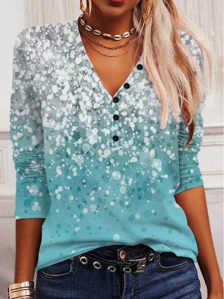 

Loose Ombre V Neck Casual Top, Cyan, Shirts & Blouses