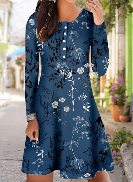 

Womens Vintage Flower Print Casual Crew Neck Dress, Blue, Dresses
