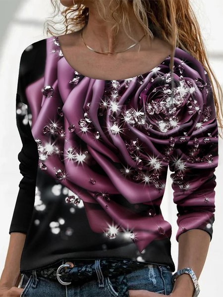 

Casual Crew Neck Floral Loose T-Shirt, Purple, T-Shirts