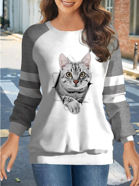 

Casual Cat Loose Raglan Sleeve Split Joint Crew Neck Sweatshirt, Gray, Tops