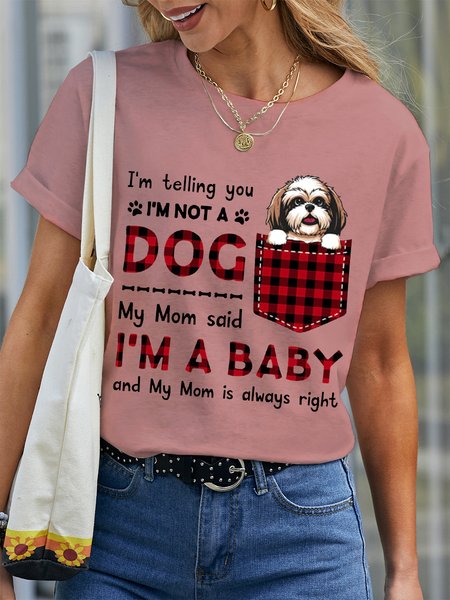 

Women's Lover I'm A Baby Best Dog Mom Crew Neck Simple Loose Plaid T-Shirt, Pink, T-shirts