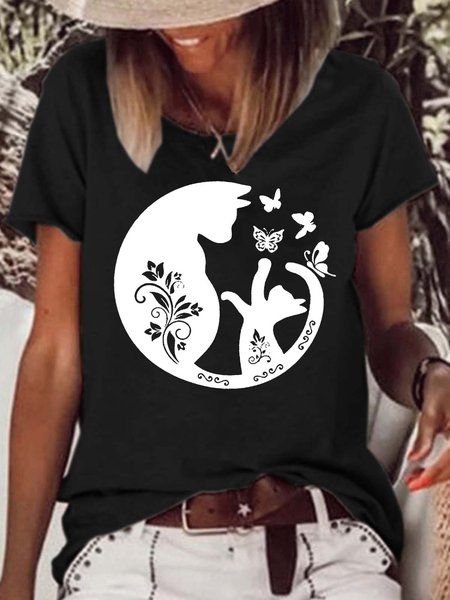 

Women's Lovely Butterfly Cat Print Casual T-Shirt, Black, T-shirts