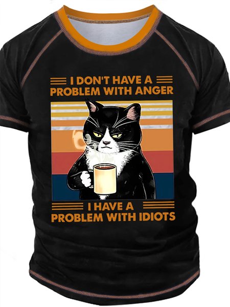 

Men's I Don't Have A Problem With Anger I Have A Problem With Idiots Funny Graphic Print Text Letters Vintage T-Shirt, Black, T-shirts