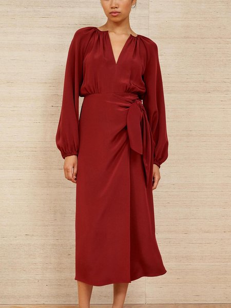 

Urban Plain Notched Daily Midi Dress, Wine red, Midi Dresses