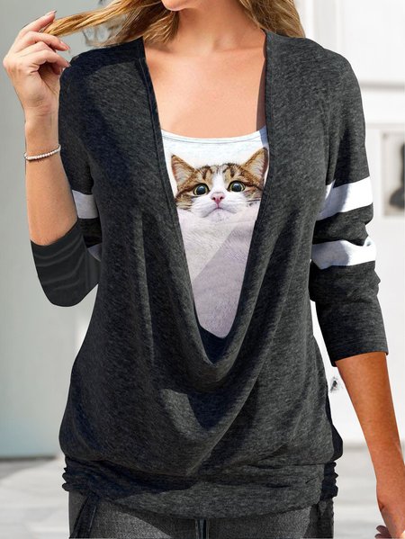 

Knitted Cute Cat Crew Neck Top, Deep gray, Tops
