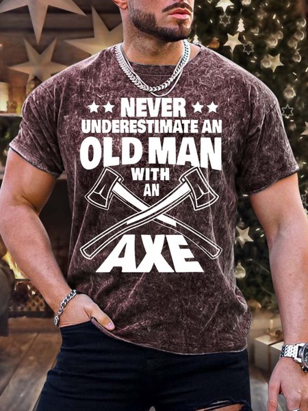 

Men’s Never Underestimate An Old Man With An Axe Crew Neck Regular Fit Casual T-Shirt, Red, T-shirts