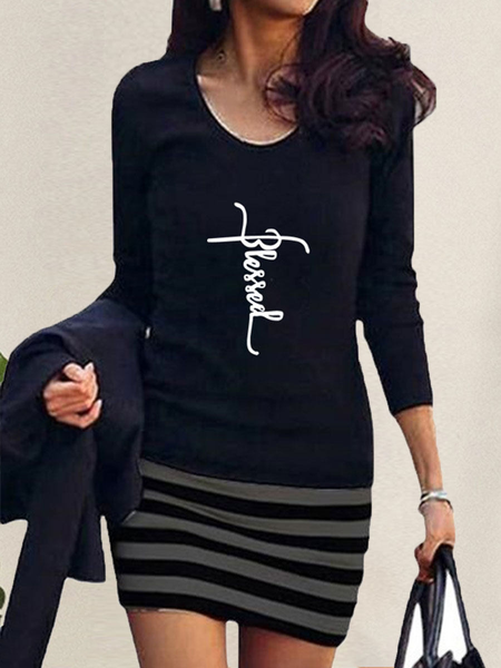 

Striped Cotton-Blend Casual Crew Neck Dress, Black, Mini Dresses