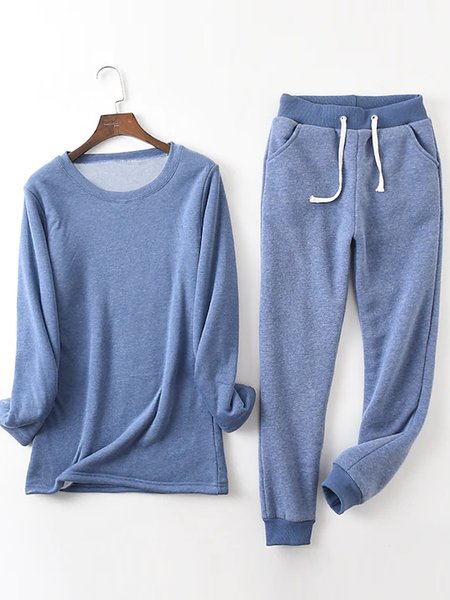 

Loose Casual Plain Crew Neck Two-Piece Set, Blue, Suit Set