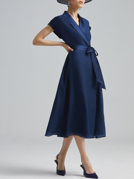 

Plain V Neck Elegant Regular Fit Dress, Navy blue, Midi Dresses