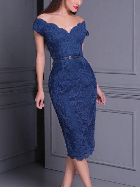 

Regular Fit Elegant Lace No Elasticity Hip Skirt Party Dress, Blue, Midi Dresses