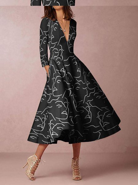 

Abstract Elegant Deep V Neck Midi Wedding Dress, Black, Midi Dresses