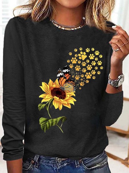 

Women's Sunflowers Butterfly Paw Print Casual Crew Neck Top, Black, Long sleeves