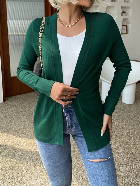 

V Neck Plain Loose Casual Sweater Coat, Green, Cardigans