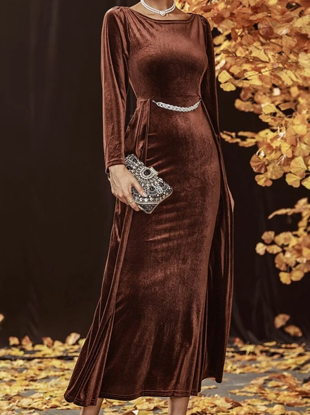 

Party Crew Neck Plain Dress, Brown, Maxi Dresses