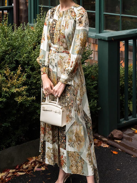 

Regular Fit Elegant Floral Crew Neck Dress, As picture, Maxi Dresses