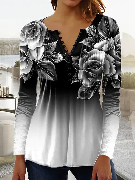

Casual Regular Fit Floral V Neck Top, Black-white, Tops