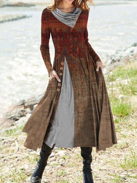

Shawl Collar Boho Loose Buttoned Dress, Multicolor, Dresses