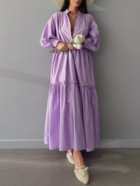 

Plain Crew Neck Long sleeve Loose Elegant Dress, Purple, Maxi Dresses