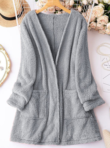 

V Neck Casual Plain Fluff/Granular Fleece Fabric Teddy Jacket, Gray, Outerwear