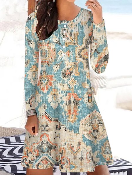 

Women's Regular Fit Crew Neck Painting Casual Dress, Light blue, Dresses