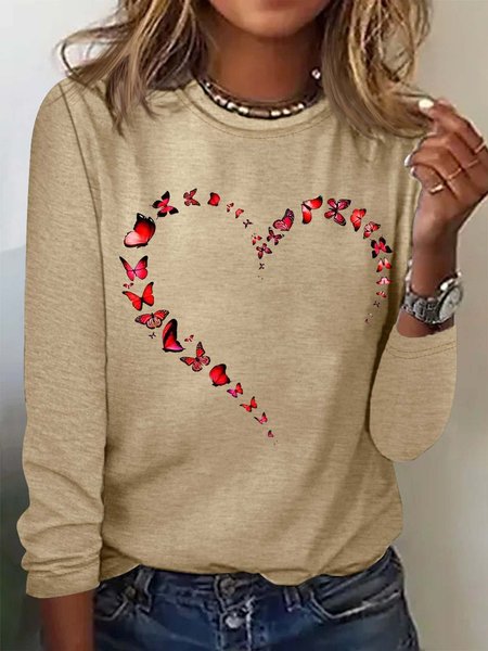 

Women's Butterfly Heart Crew Neck Casual Top, Beige, Long sleeves