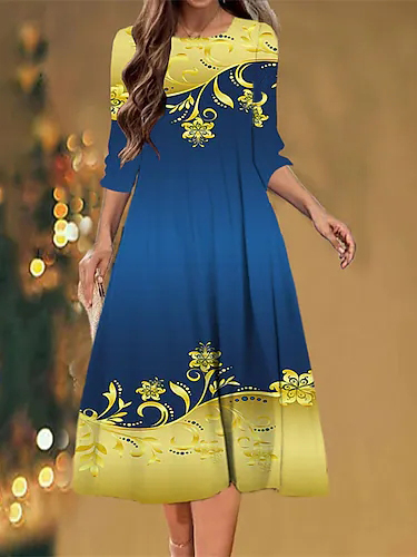 

Floral Loose Casual Crew Neck Dress, Blue, Midi Dresses