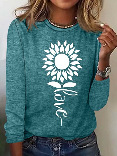 

Women‘s Lovely Sunflower Print Crew Neck Top, Green, Long sleeves