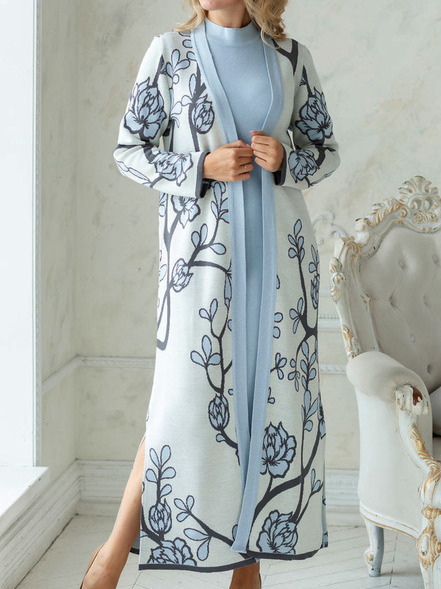 

Floral Loose Casual Turtleneck Two-Piece Set, Blue, Suit Set