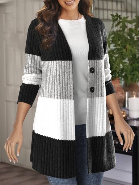 

Color Block Casual Loose Cross Neck Other Coat, Multicolor, Cardigans