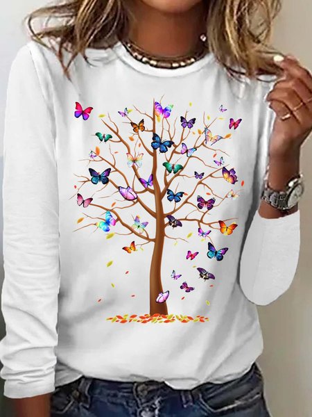 

Women's Butterfly Tree Casual Top, White, Long sleeves